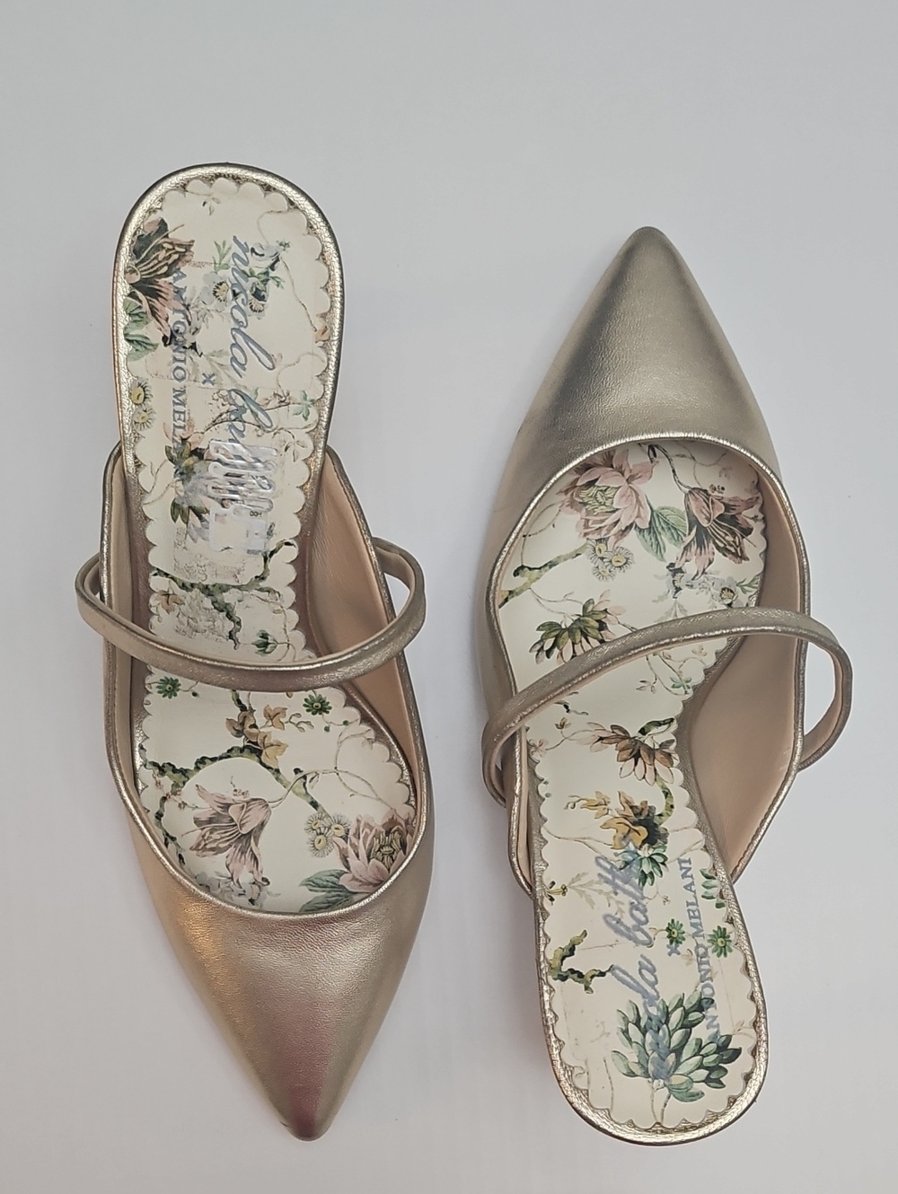 Nicola Bathie Antonio Melani Metallic Gold Pointed Toe Mules with Cross Strap